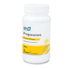 Klaire Labs Pregnenolone pill bottle with 60 capsules showing potential mood and energy support