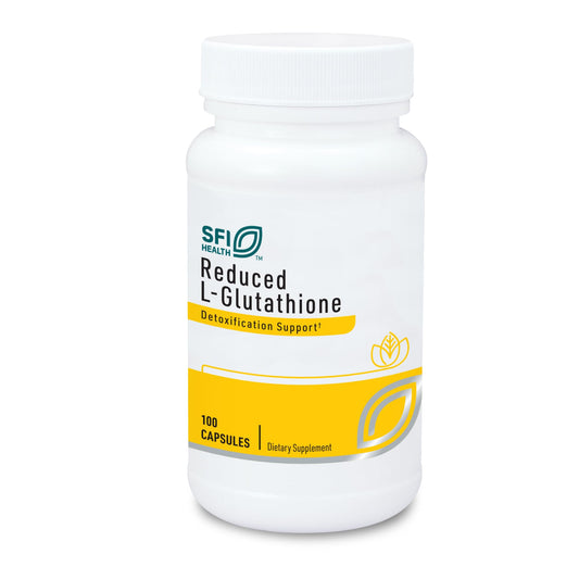 Klaire Labs reduced L-Glutathione capsules on bottle; antioxidant support and detox potential.