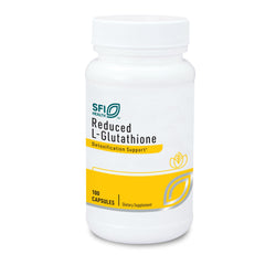 Klaire Labs reduced L-Glutathione capsules on bottle; antioxidant support and detox potential.