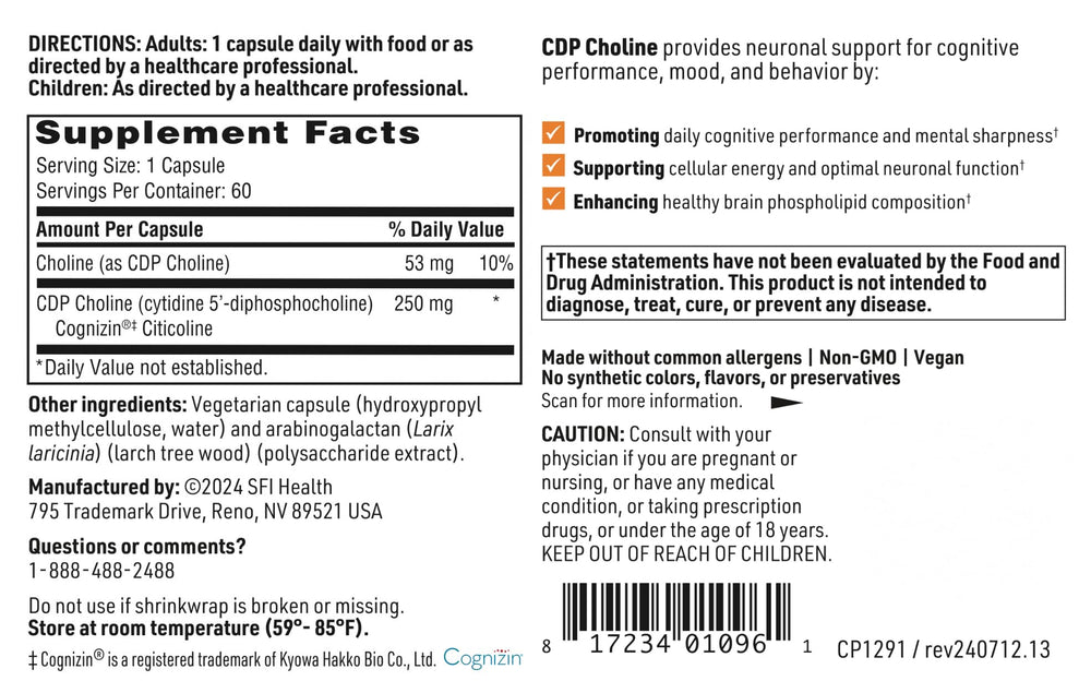 Klaire Labs SFI Health CDP Choline back panel with nutrition and directions.