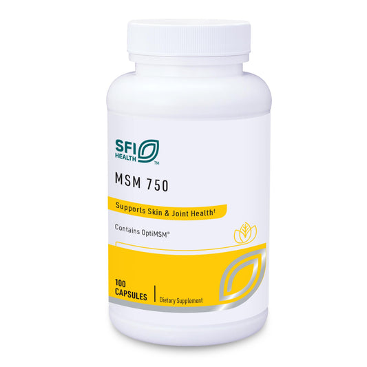 Klaire Labs SFI Health MSM 750 bottle front showing purified MSM for joint support potential