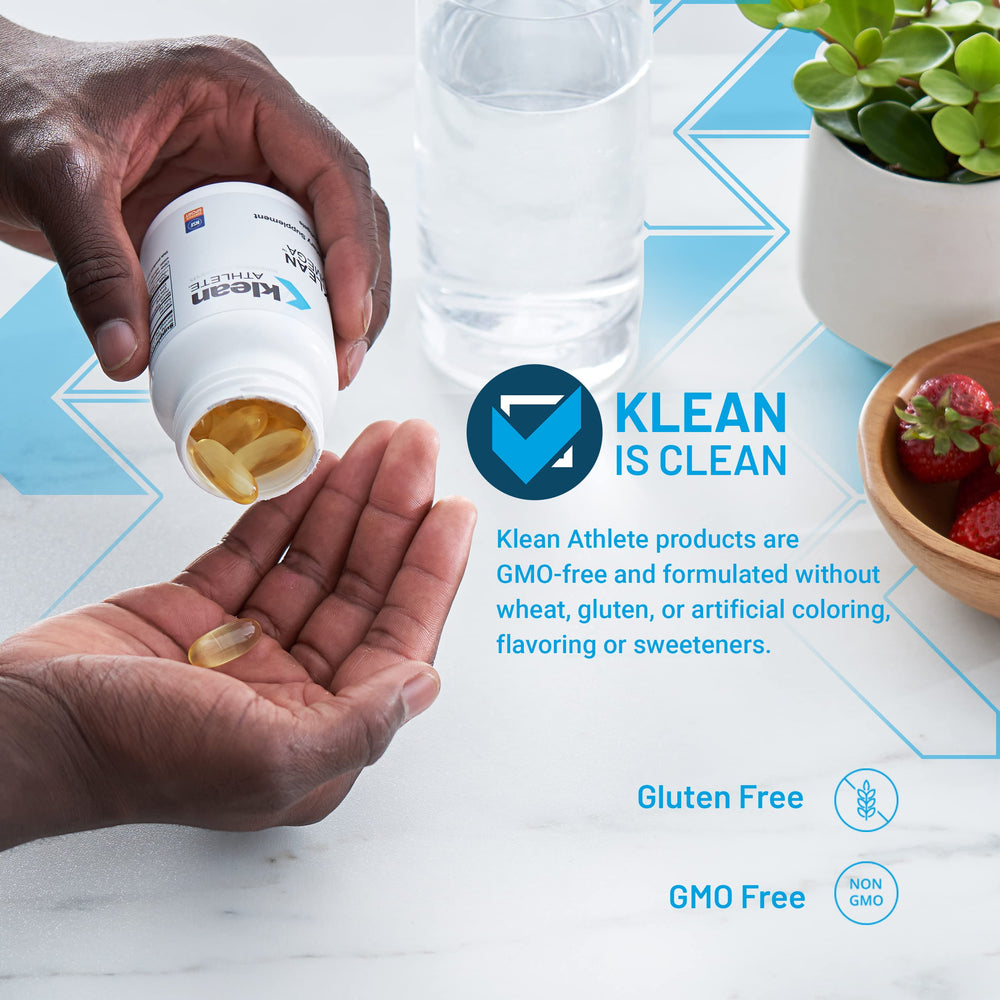 Klean Omega bottle pour illustrates easy daily omega-3 intake for athletes.