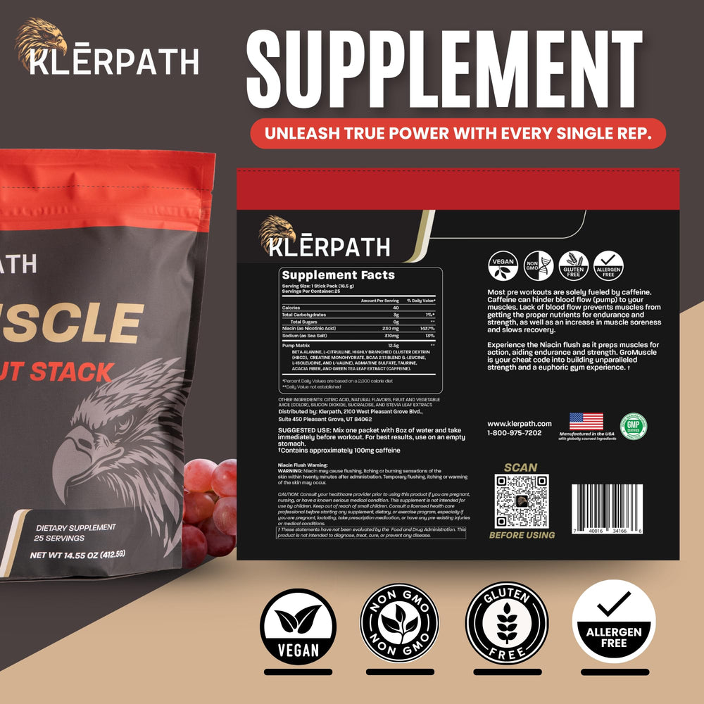 Klerpath GrōMuscle stick-pack sachet for on-the-go use.
