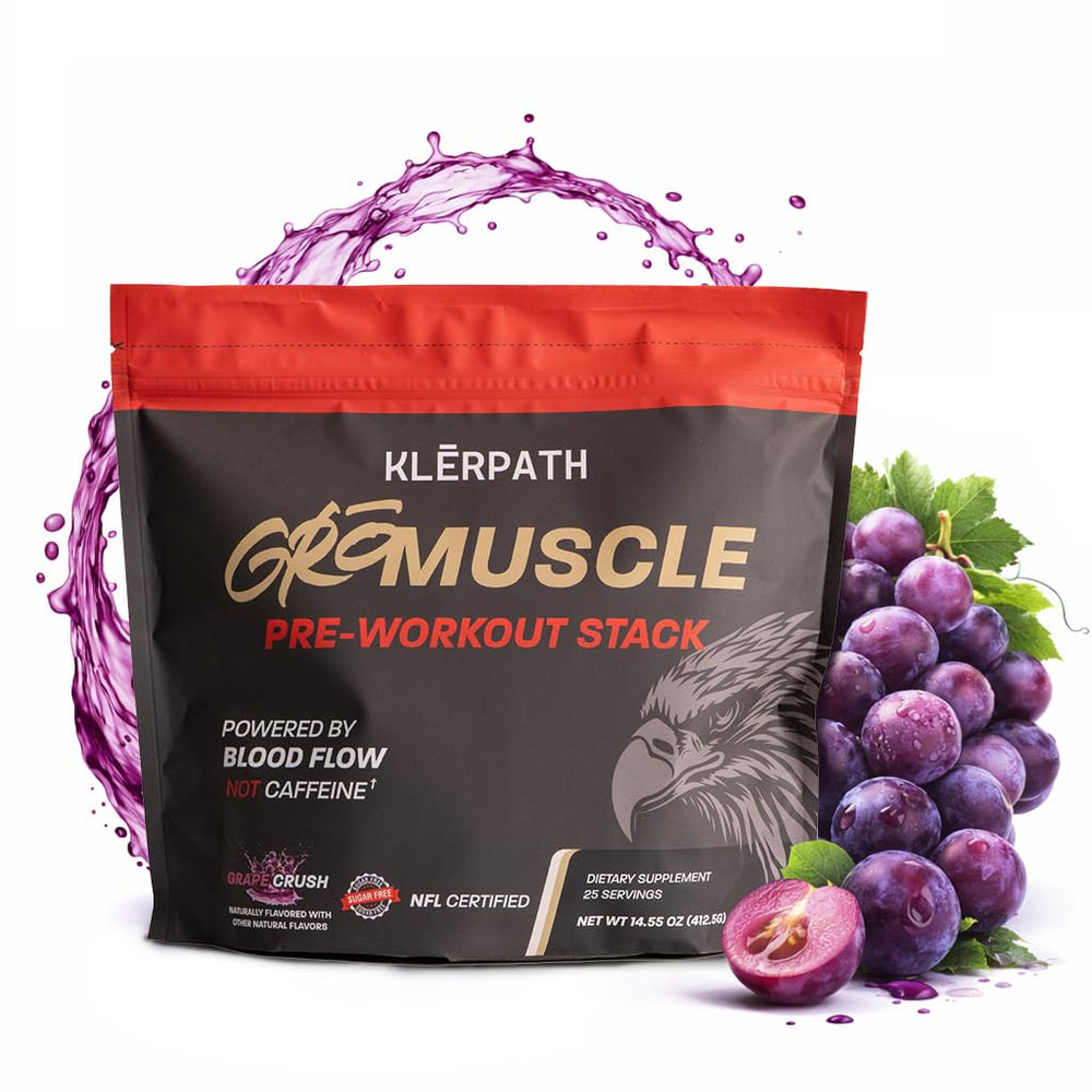 Klerpath GrōMuscle tub with grape crush flavor for sugar-free energy.