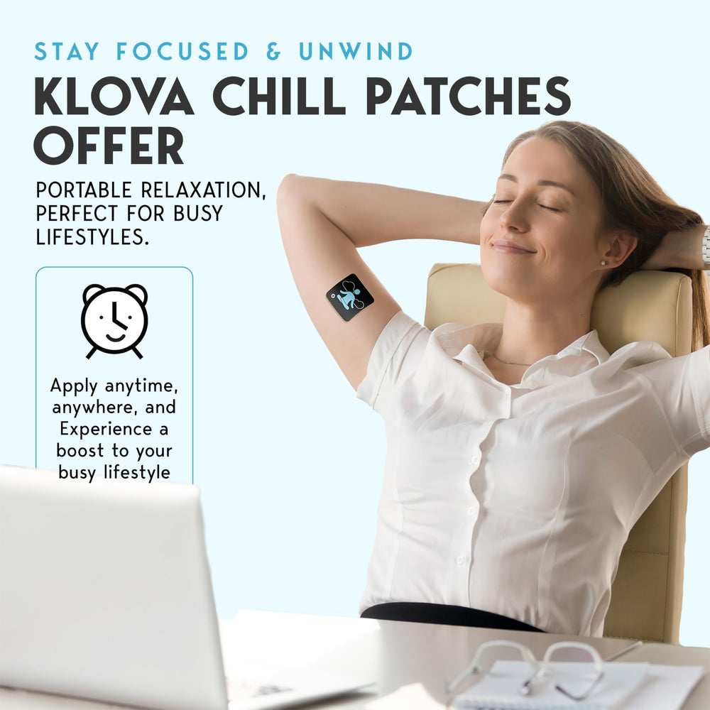Klova Chill Patches packaging highlights natural ingredients and drug-free formula.