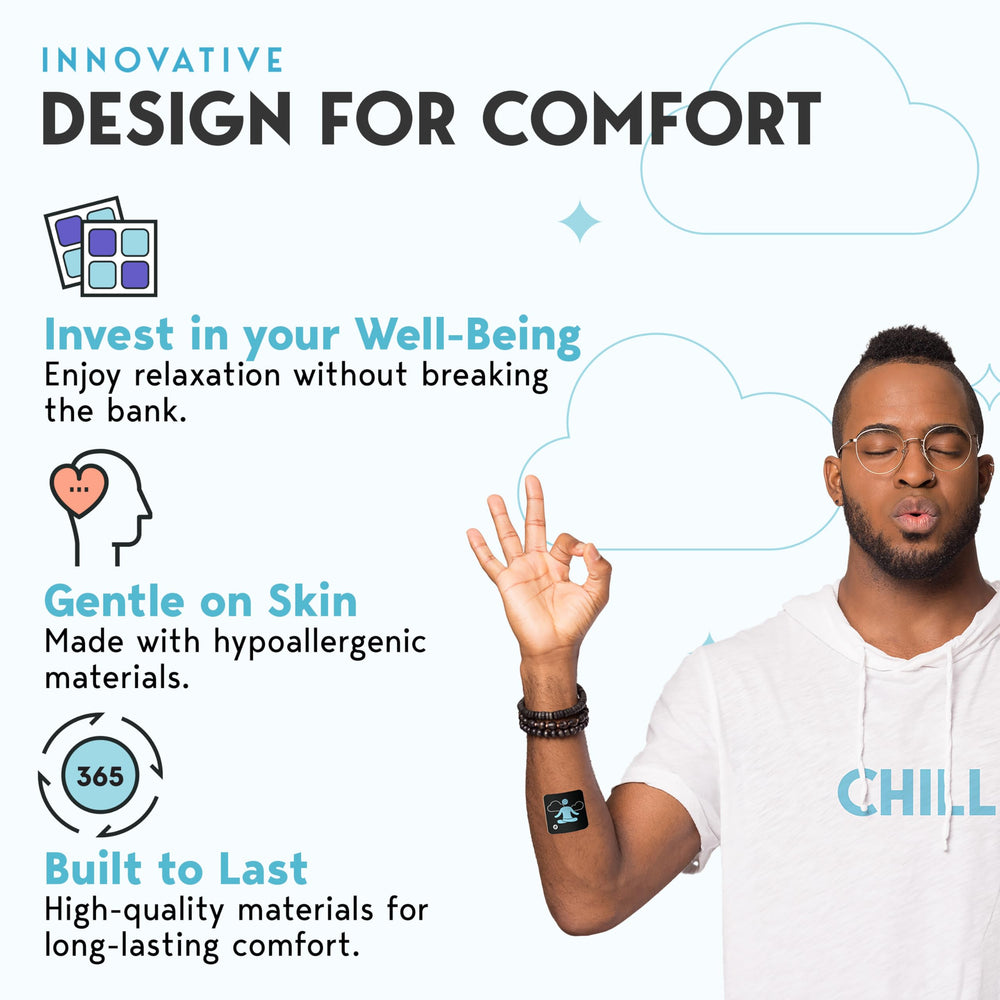 Klova Chill Patches on the shoulder deliver discreet stress relief.