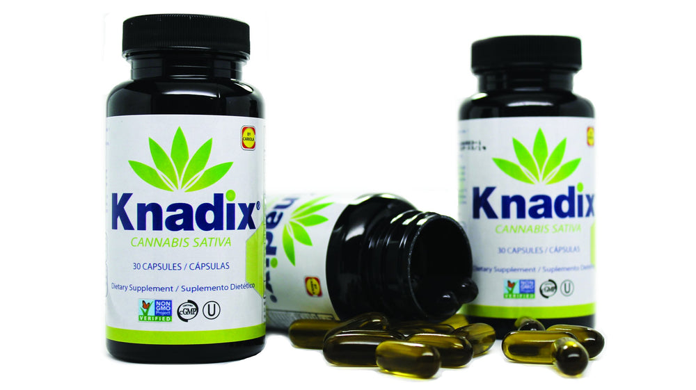 Front view of Knadix hemp oil bottle highlighting natural ingredient focus for wellbeing