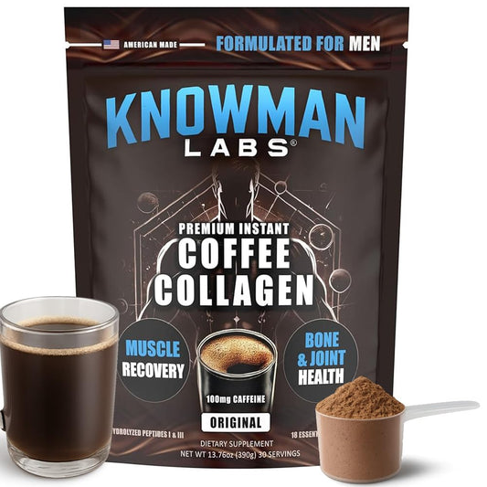 Knowman Labs premium collagen instant coffee bottle for everyday energy and recovery.