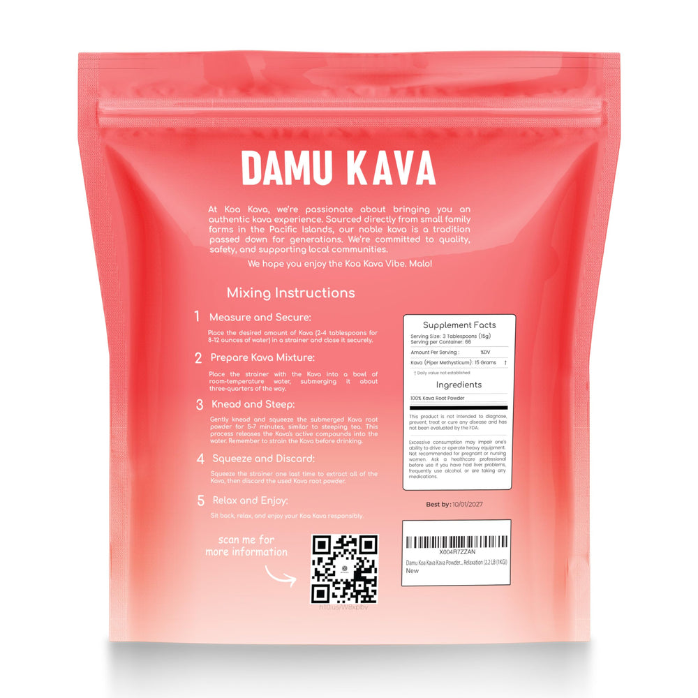 Koa Kava Damu resealable packaging highlights premium, noble kava