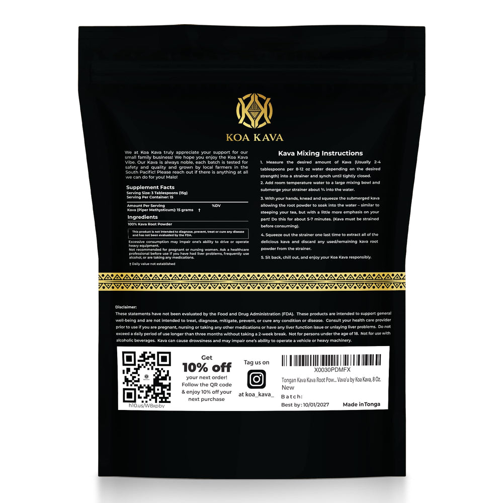 Koa Kava packaging features an 8 oz noble kava powder for home use.