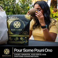 Koa Kava Pouni Ono powder, ideal for mood uplift and social calm.