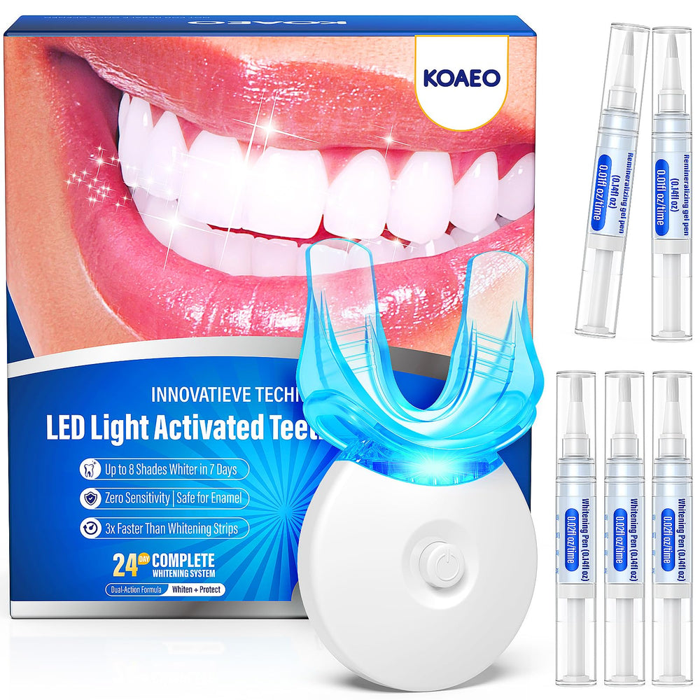 KOAEO Teeth Whitening Kit: three pens on a tray for at-home whitening.