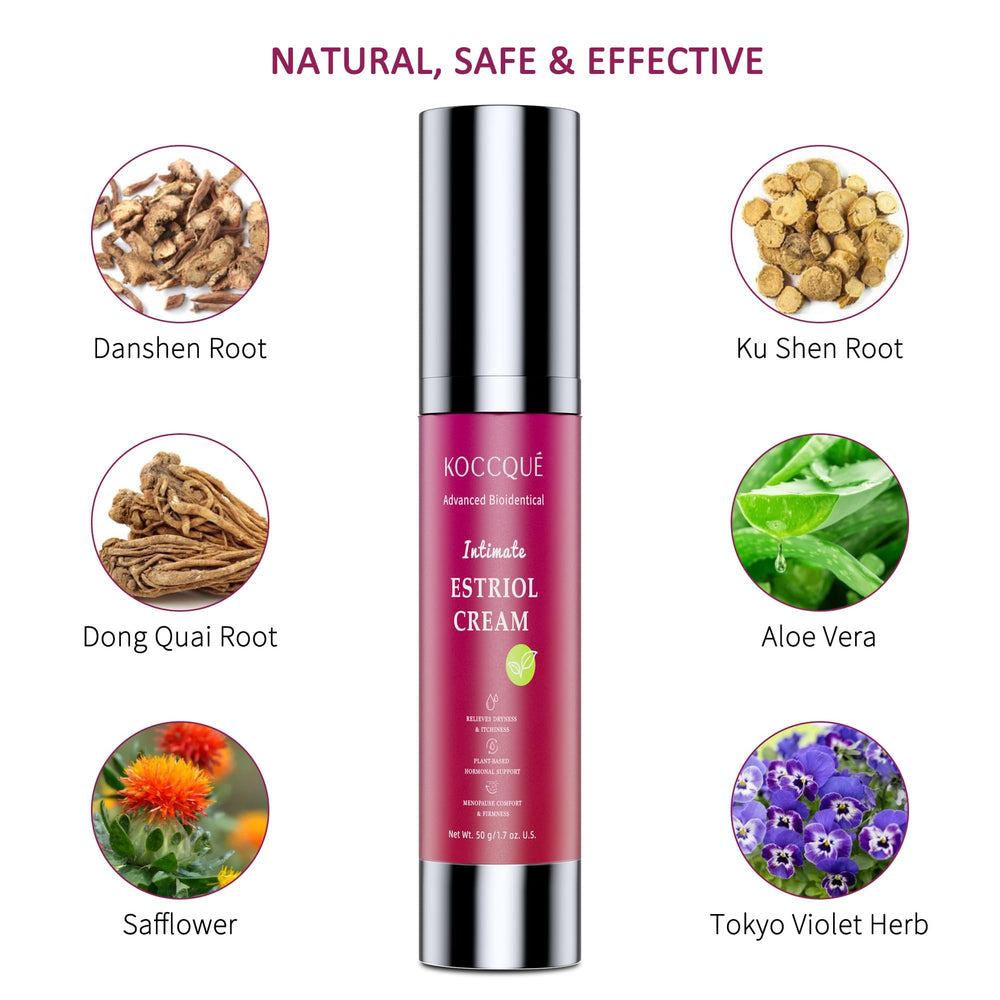 KOCCQUE Estriol Cream texture close-up highlights smooth, lightweight feel.