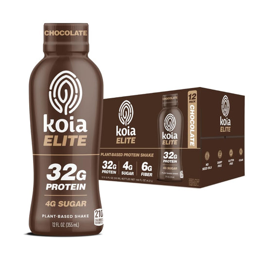 Koia Elite Chocolate Shake bottle pour for convenient plant-based protein.