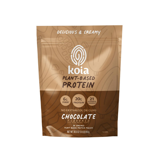 Koia chocolate plant-based protein powder canister with protein-rich content for daily shakes