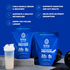 Koia vanilla protein powder bottle and label showcasing dairy-free, gluten-free formula.
