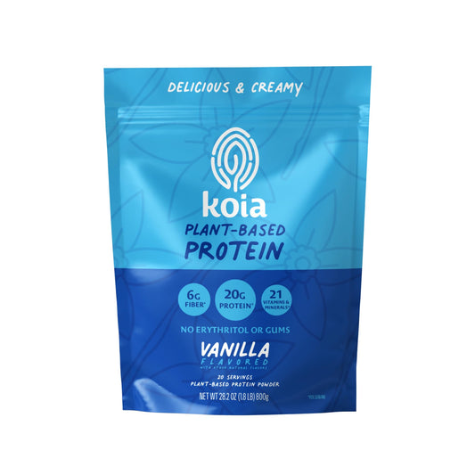 Koia vanilla plant-based protein powder canister for post-workout recovery
