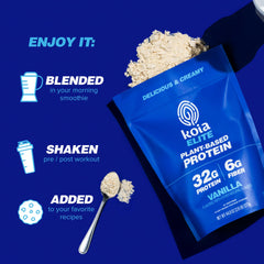 Koia vanilla protein powder nutrition facts panel emphasizes balanced nutrition.