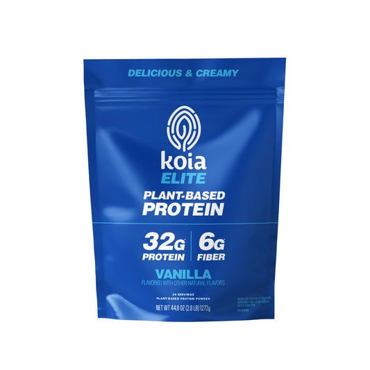 Koia vanilla protein powder tub highlighting plant-based protein for daily training.