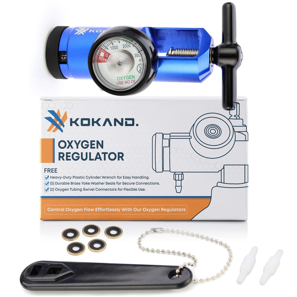 KOKAND blue oxygen regulator supports portable oxygen setups.