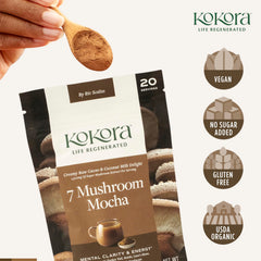 Kokora 7 Mushroom Mocha being stirred into water, dairy-free creamy energy.