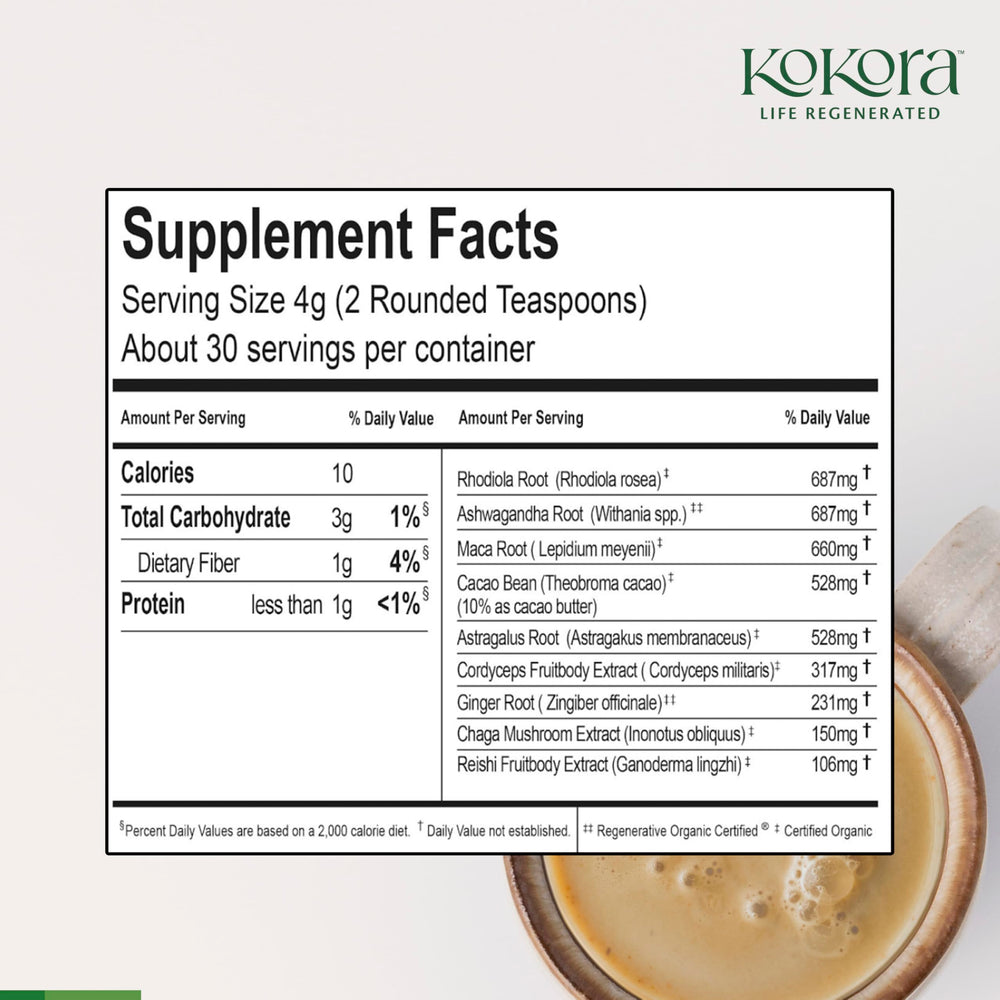 Kokora Immune Power creamy cacao close-up suggests a comforting daily ritual.