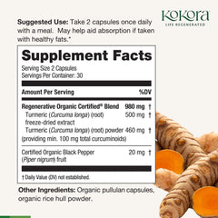 Kokora Regenerative Turmeric bottle label close-up highlighting potency and purity