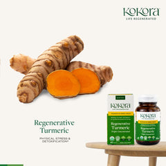 Kokora Regenerative Turmeric root pieces shown as natural source of curcuminoids