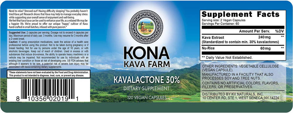 Kona Kava Farm label detail communicates quality and a standardized 30% kavalactone extract