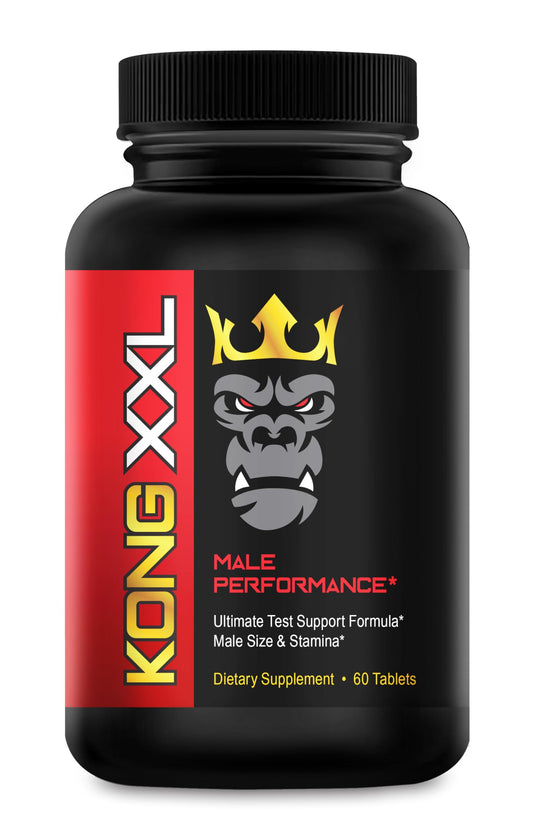 Kong XXL bottle-front view highlights premium packaging for performance support.