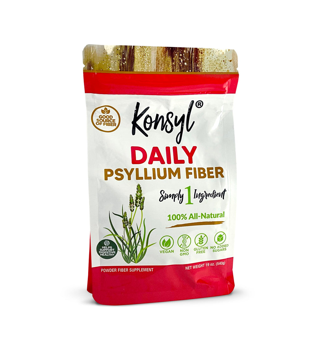 Konsyl Daily Psyllium Fiber powder bottle on kitchen counter for daily fiber support