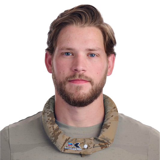 KOOLGATOR evaporative neck wrap activation process for cooling relief.