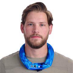 Koolgator evaporative neck wrap in blue pack for long-lasting cooling during outdoor activity.