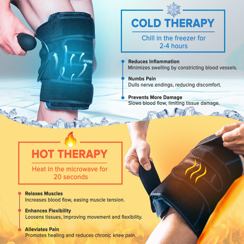 Koprez Knee CryoPump compression strap secures a snug fit for daily activities.