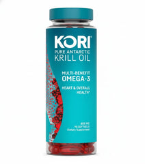 Kori Krill Antarctic krill oil bottle highlighting sustainable omega-3 support.