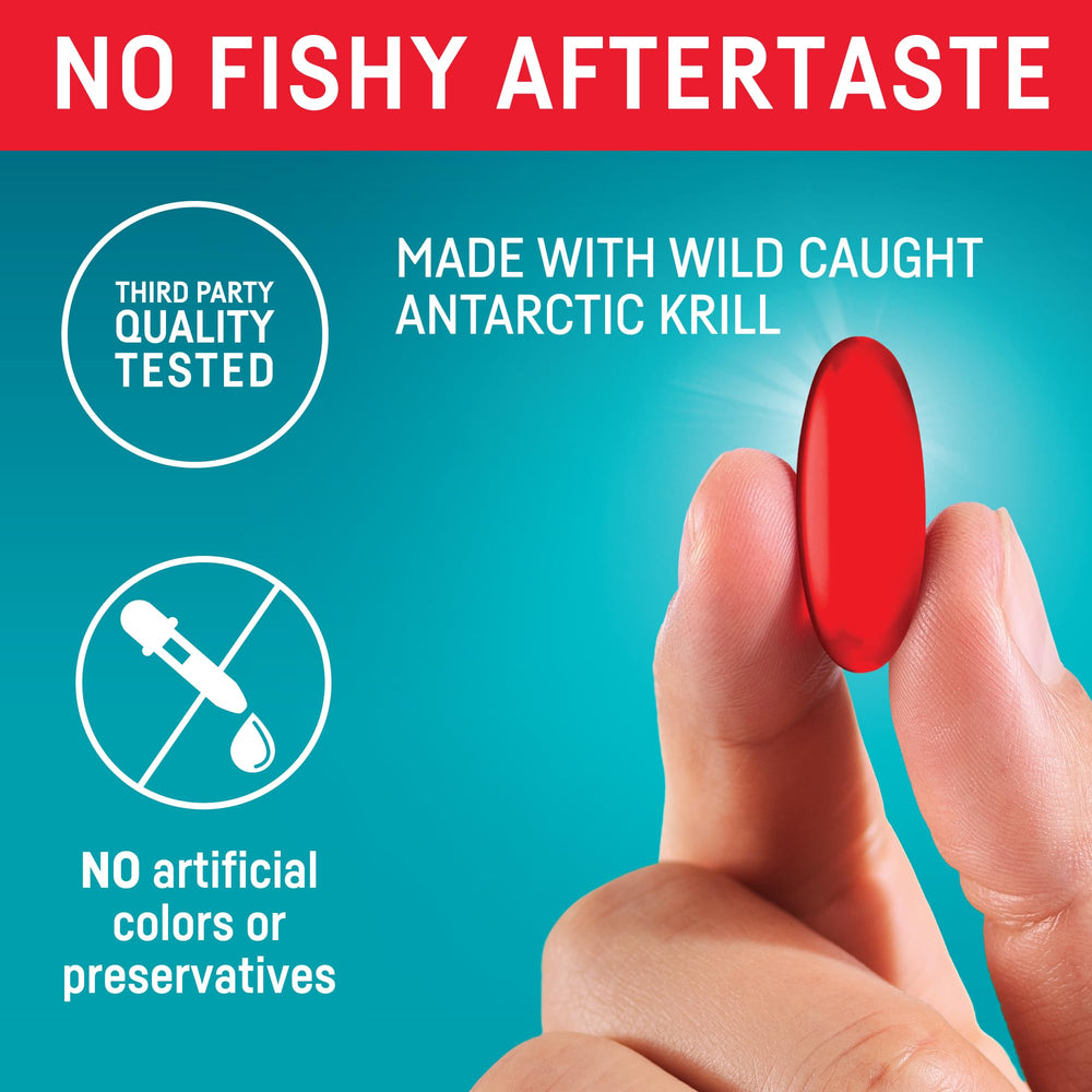 Kori Krill Excel no fishy aftertaste claim visible on packaging.