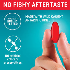 Kori Krill Excel no fishy aftertaste claim visible on packaging.