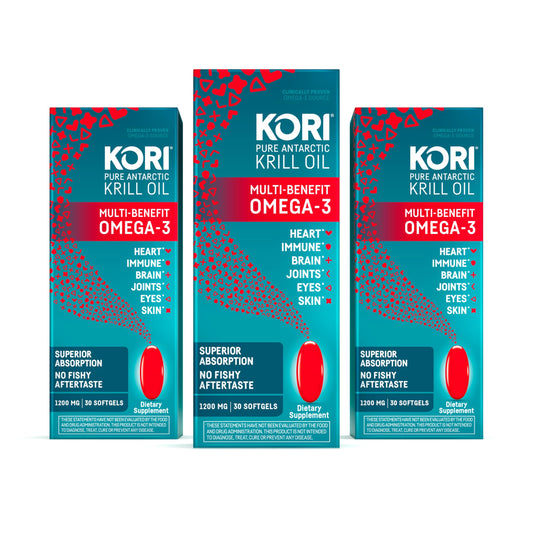 Kori Krill Oil bottle with label, supporting a daily omega-3 routine.