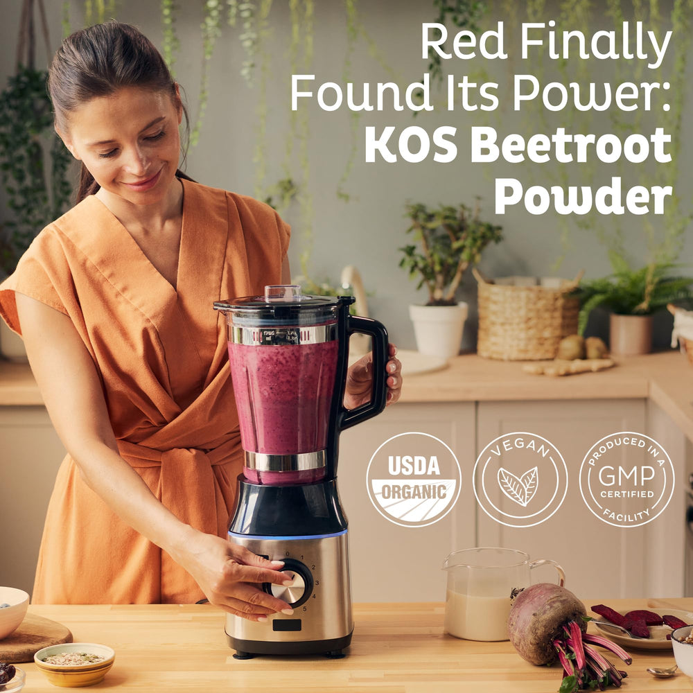 KOS Beetroot Powder scoop beside jar for quick nutrient boost.