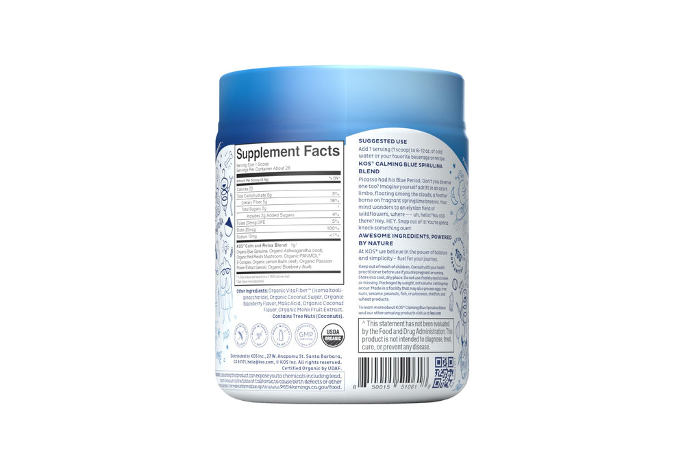 KOS Blue Spirulina powder close-up showing vibrant color and antioxidants.