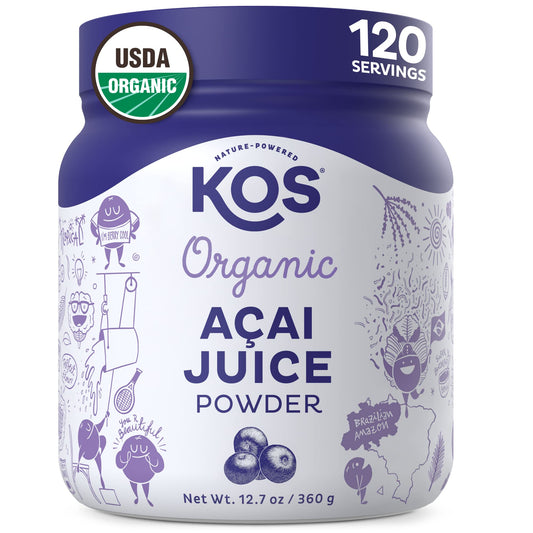 KOS Organic Acai Juice Powder bottle highlighting premium antioxidant-rich formula for smoothies.
