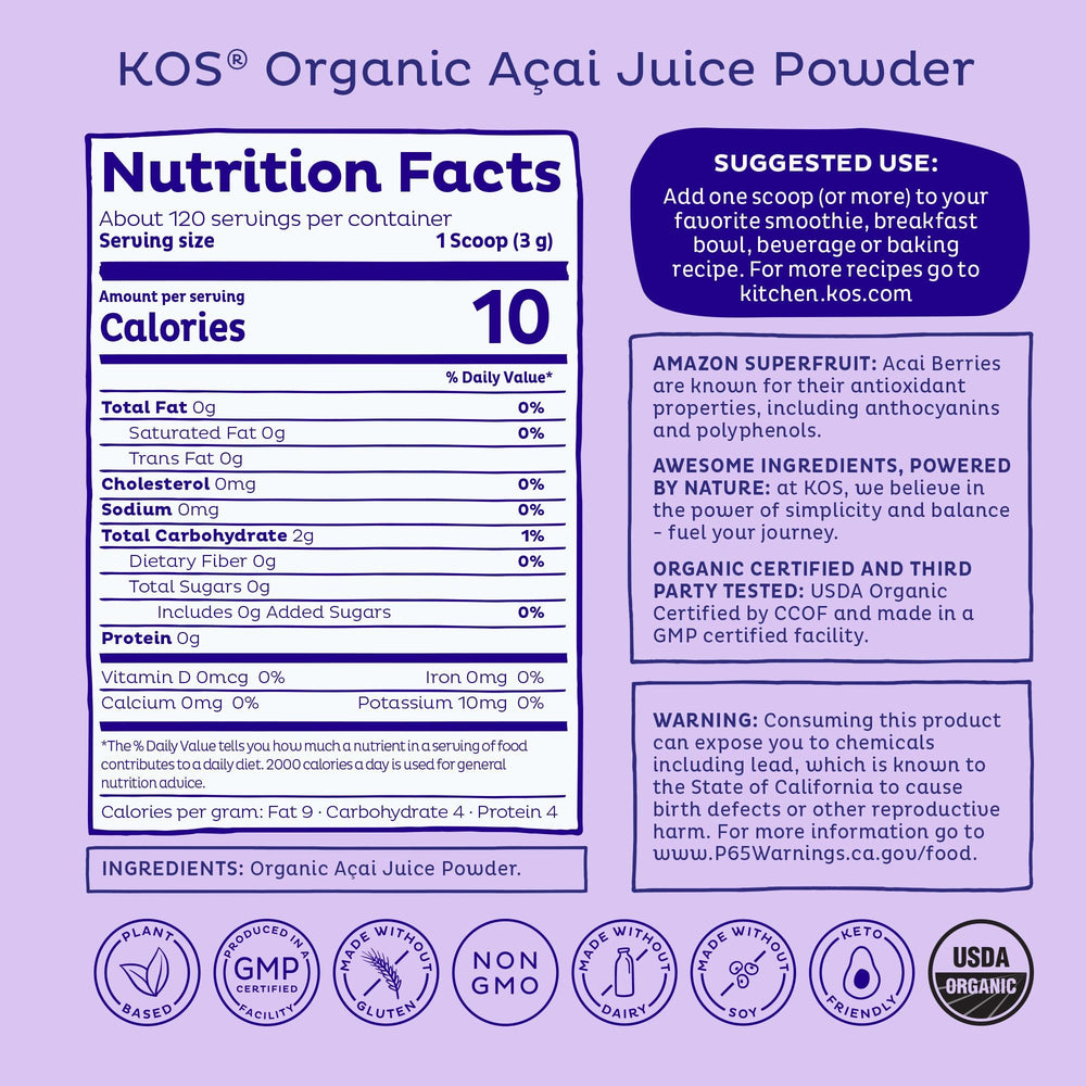 KOS Organic Acai Juice Powder scoop for precise measuring and portions.