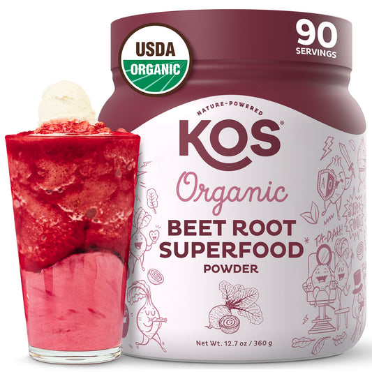 KOS Organic Beetroot Powder bottle for vibrant smoothies and color boost.