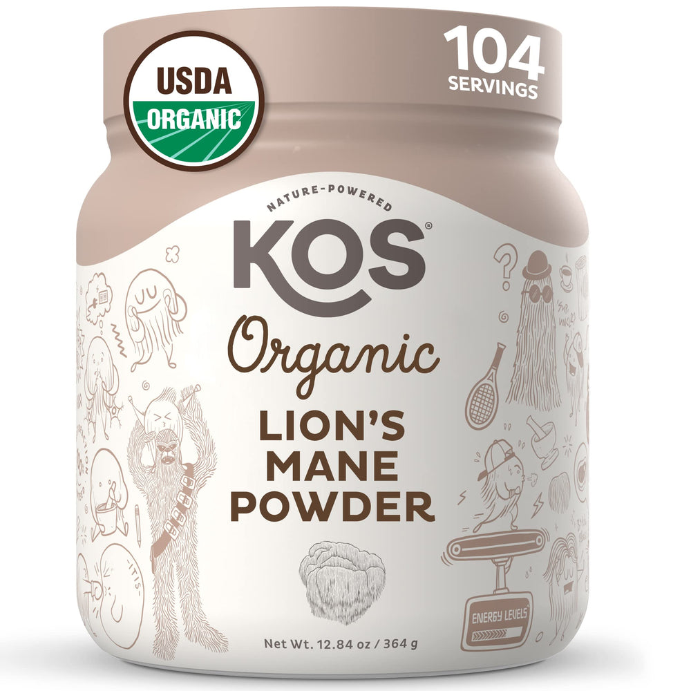 KOS Organic Lion's Mane Powder container closeup with focus on a vegan nootropic option