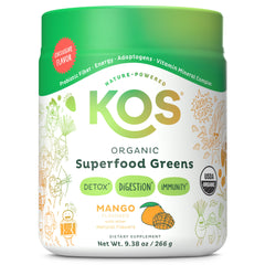 KOS Organic Superfood Greens Mango bottle ready for daily nutrition boost.