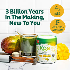 KOS Organic Superfood Greens includes zinc and vitamins for daily vitality.