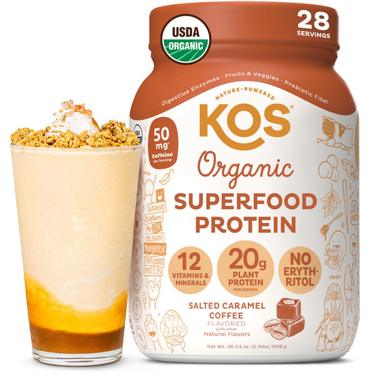 KOS salted caramel coffee protein powder tub for creamy shakes