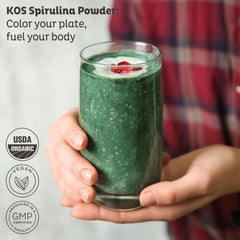 KOS Spirulina bottle with label signals convenient, plant-based nutrition for juices.