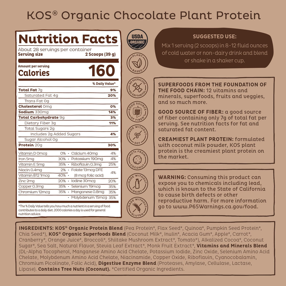 KOS chocolate protein powder keto-friendly badge on tub