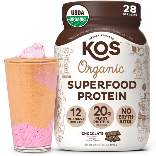 KOS vegan protein powder chocolate tub front shows rich cacao flavor